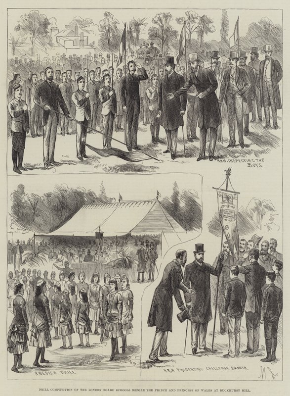 Konkurs musztry londyńskich szkół zarządowych przed Księciem i Księżną Walii w Buckhurst Hill (rycina) autorstwa English School