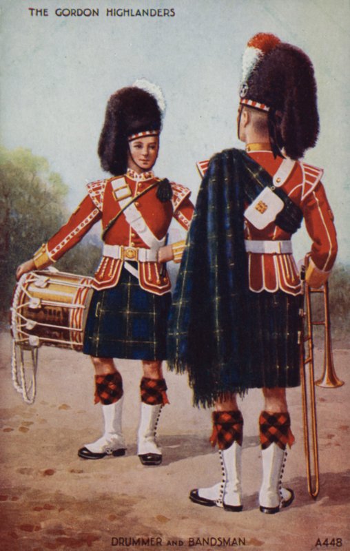 Perkusista i kapelmistrz Gordon Highlanders (kolorowa litografia) autorstwa English School