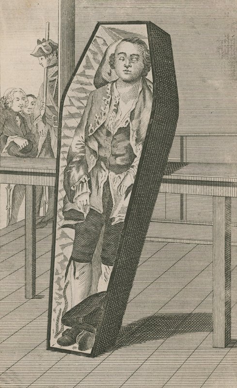 Earl Ferrers leżący w swojej trumnie w Surgeons Hall autorstwa English School