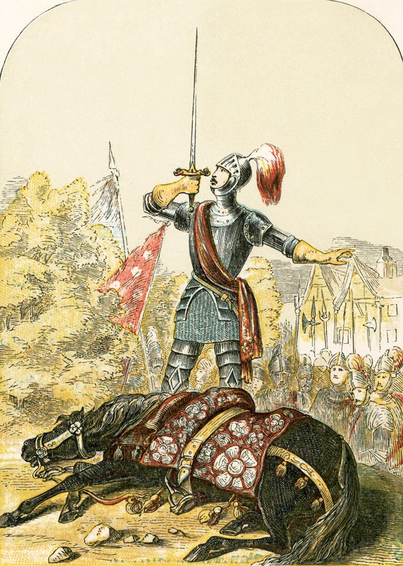 Earl of Warwick priesaika ant jo kalavijo po to, kai dūrė jo arkliukas autorstwa English School