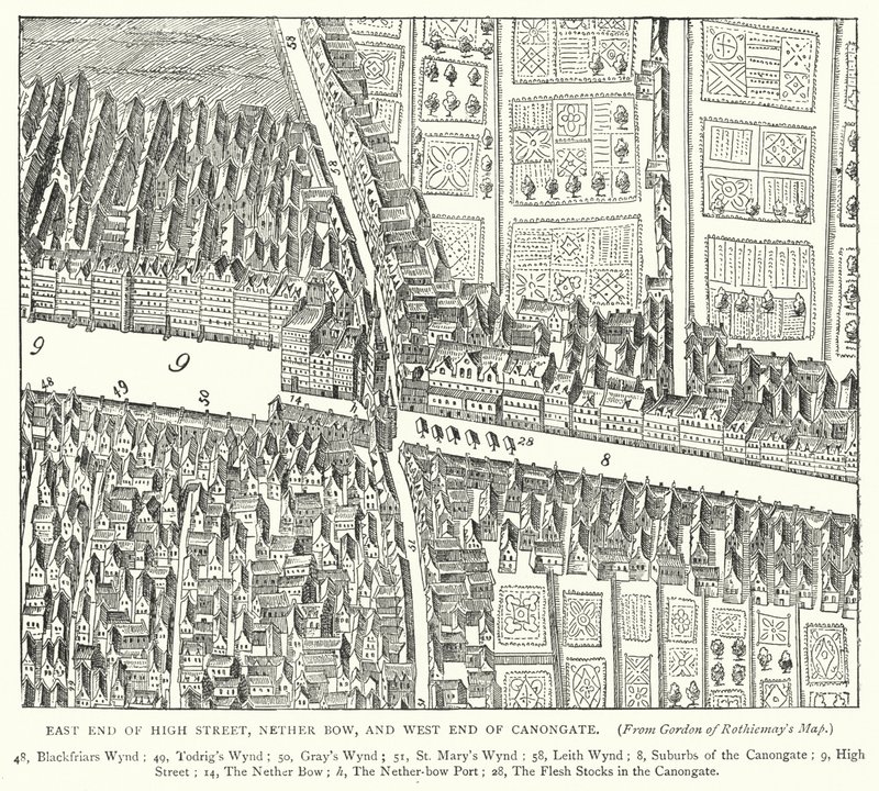 East End of High Street, Nether Bow i West End of Canongate (grawerowanie) autorstwa English School
