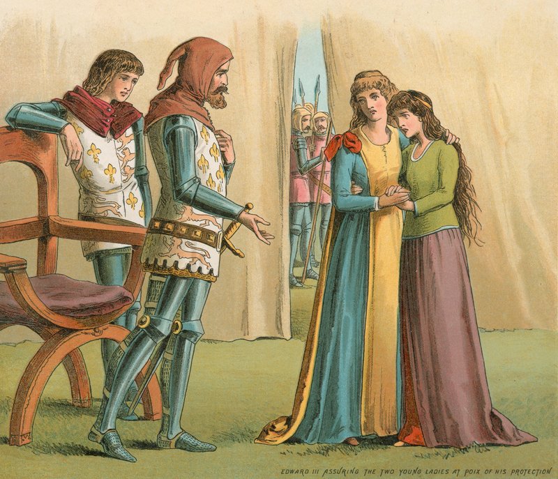 Edward III zapewniający dwie młode damy w Poix o swojej ochronie autorstwa English School