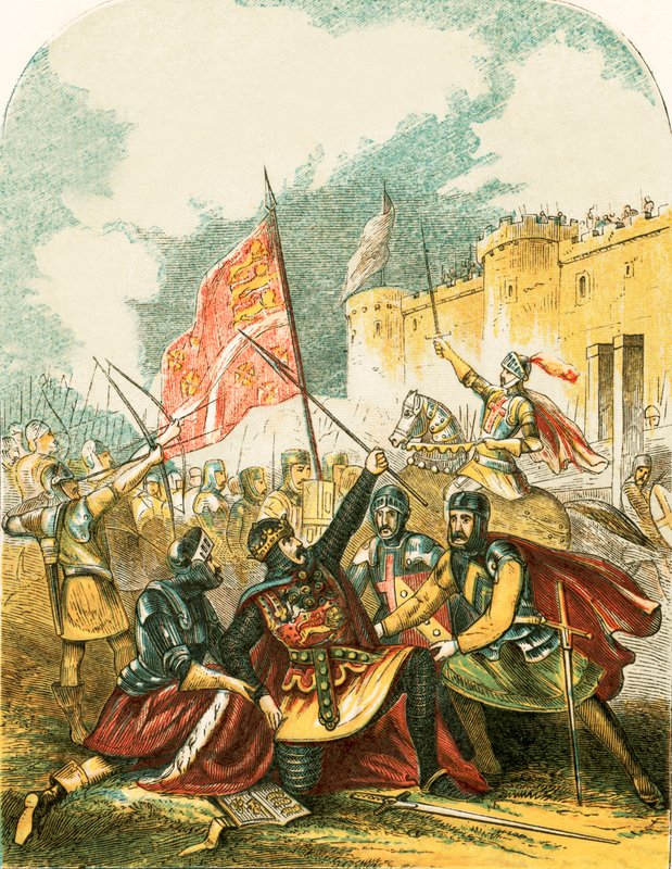 Edward I wymachuje oszczepem i przeklina, że powiesi człowieka, który nim rzucił autorstwa English School