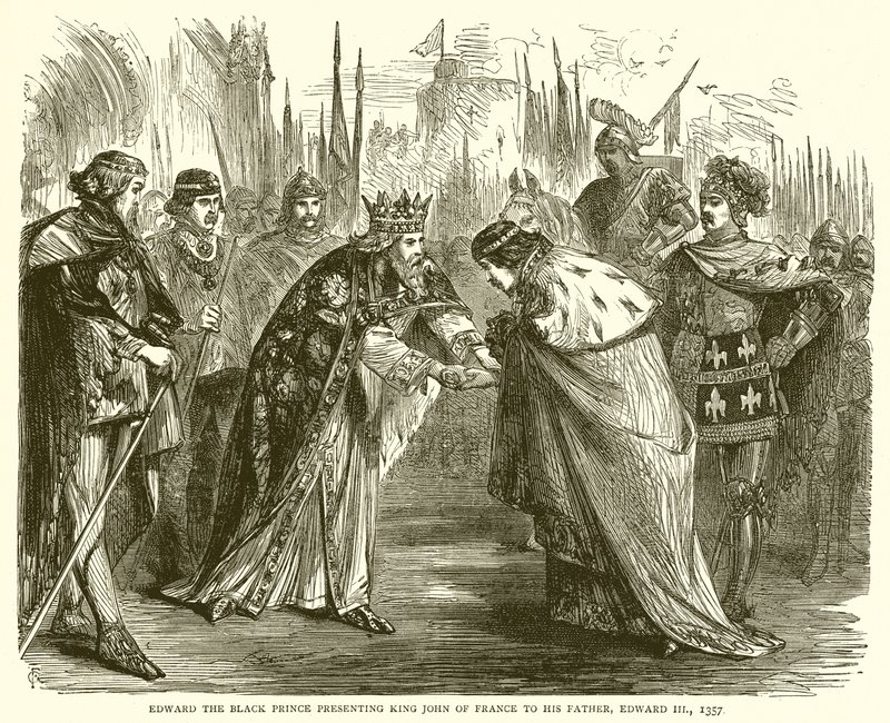 Edward Czarny Książę przedstawiający króla Jana Francji ojcu Edwardowi III, 1357 autorstwa English School