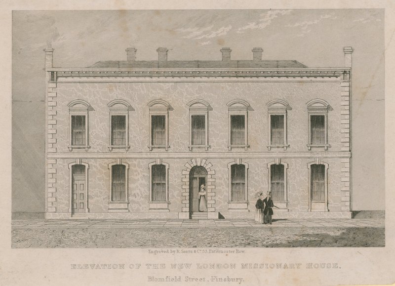 Elewacja nowego London Missionary House, Blomfield Street, Finsbury autorstwa English School