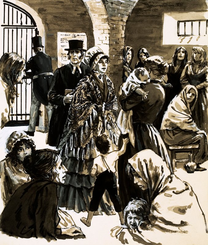 Elizabeth Fry stała się aktywistką na rzecz reformy więziennictwa po wizycie w więzieniu Newgate (gwasz na papierze) autorstwa English School