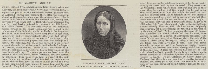 Elizabeth Mouat z Szetlandów, która została zdmuchnięta do Norwegii w Smack Columbine (grawerowanie) autorstwa English School