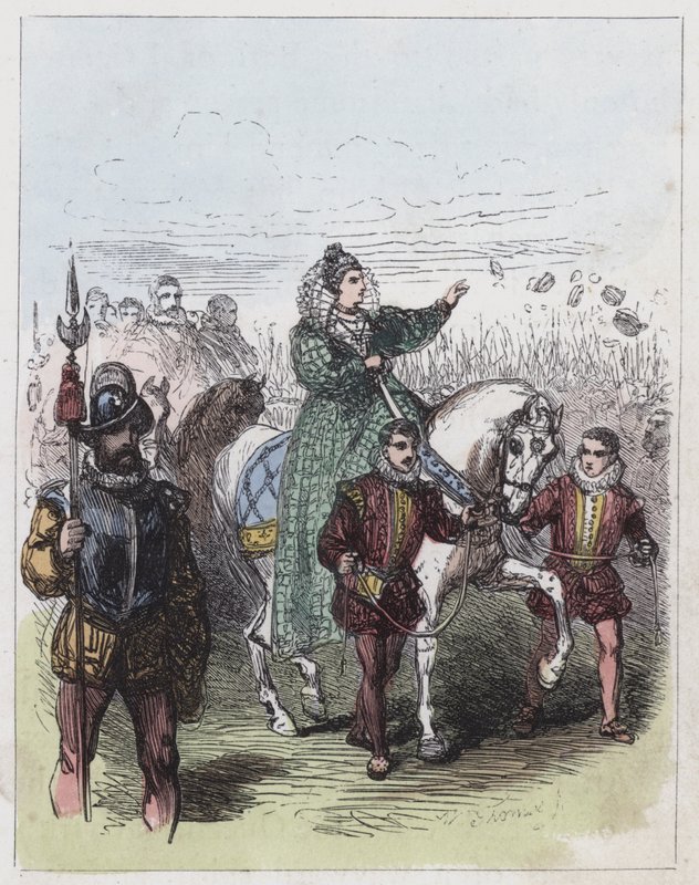 Elizabeth Reviewing the Troops at Tilbury (kolorowy grawerunek) autorstwa English School