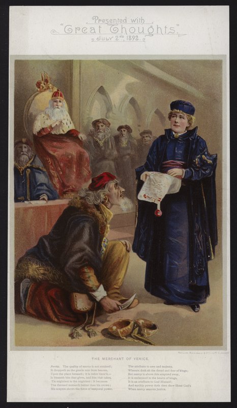 Ellen Terry jako Portia w Kupiecie weneckim autorstwa English School