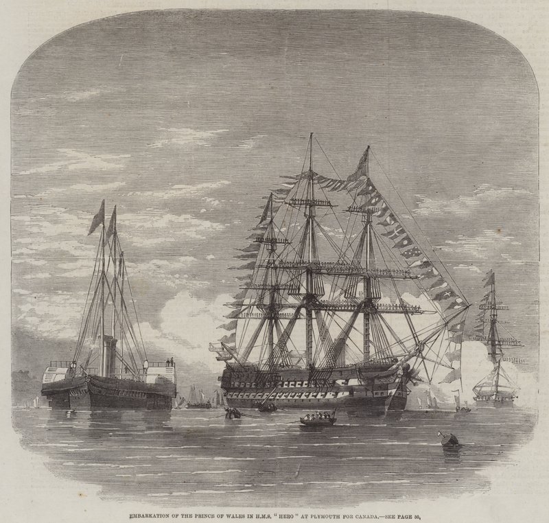 Zaokrętowanie księcia Walii w HMS „Hero” w Plymouth dla Kanady (grawerowanie) autorstwa English School