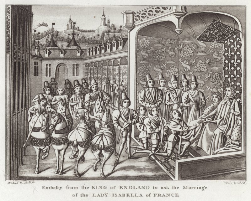 Ambasada króla Anglii z prośbą o ślub Lady Isabella of France autorstwa English School