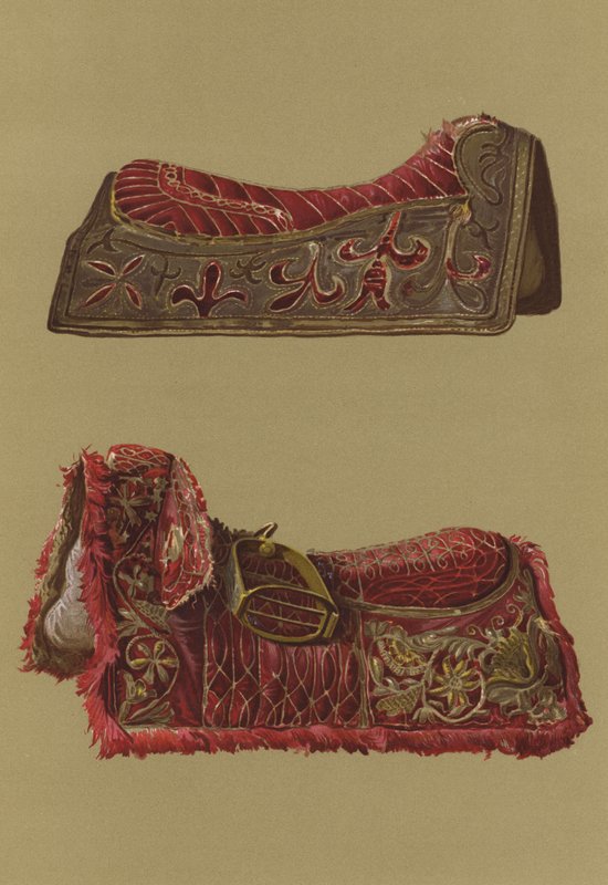 Haftowane aksamitne siodła księcia Ruperta i króla Karola I (chromolitho) autorstwa English School