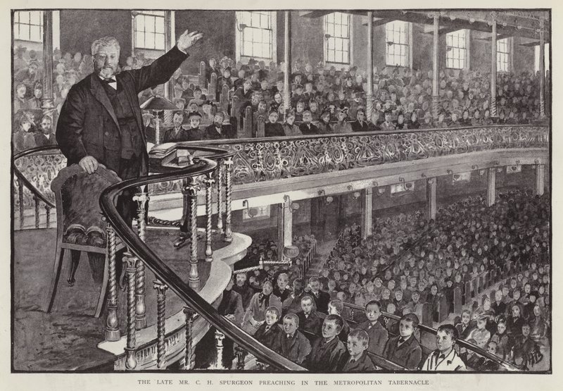 Angielski kaznodzieja baptystyczny Charles Haddon Spurgeon wygłasza kazanie w Metropolitan Tabernacle w Londynie (lito) autorstwa English School