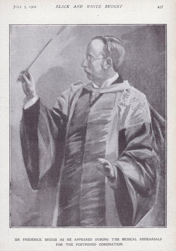 Angielski kompozytor, organista i dyrygent Sir Frederick Bridge na próbie przed odroczoną koronacją króla Edwarda VII autorstwa English School