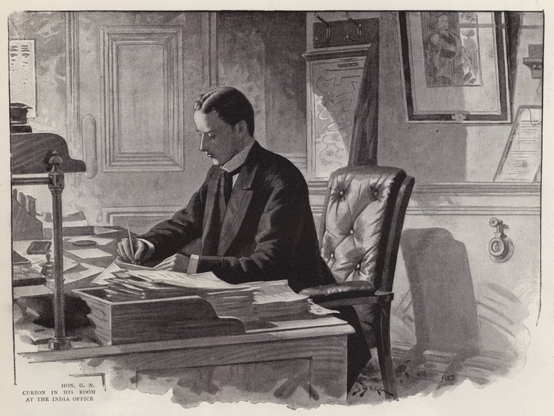 Angielski polityk George Curzon w pracy w swoim biurze w India Office (lito) autorstwa English School