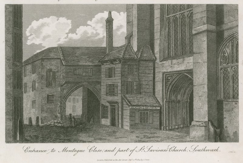 Wejście do Montague Close i część kościoła St Saviors, Southwark, Surrey autorstwa English School