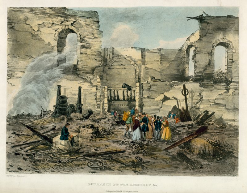 Wejście do zbrojowni, Tower of London Fire, 1841 autorstwa English School