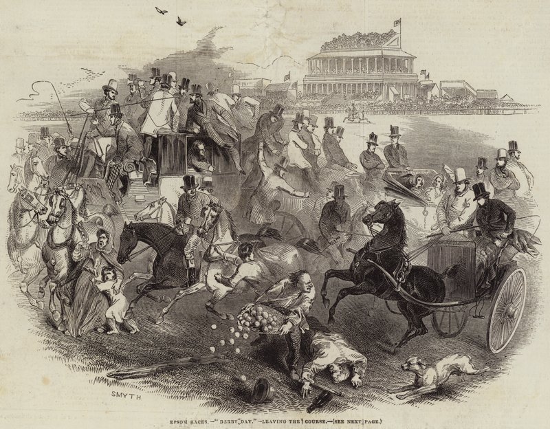 Wyścigi Epsom, „Derby Day”, opuszczenie toru (grawerowanie) autorstwa English School