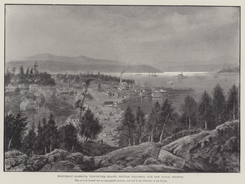 Port Esquimalt, wyspa Vancouver, Kolumbia Brytyjska, nasza nowa stacja marynarki wojennej (grawerowanie) autorstwa English School
