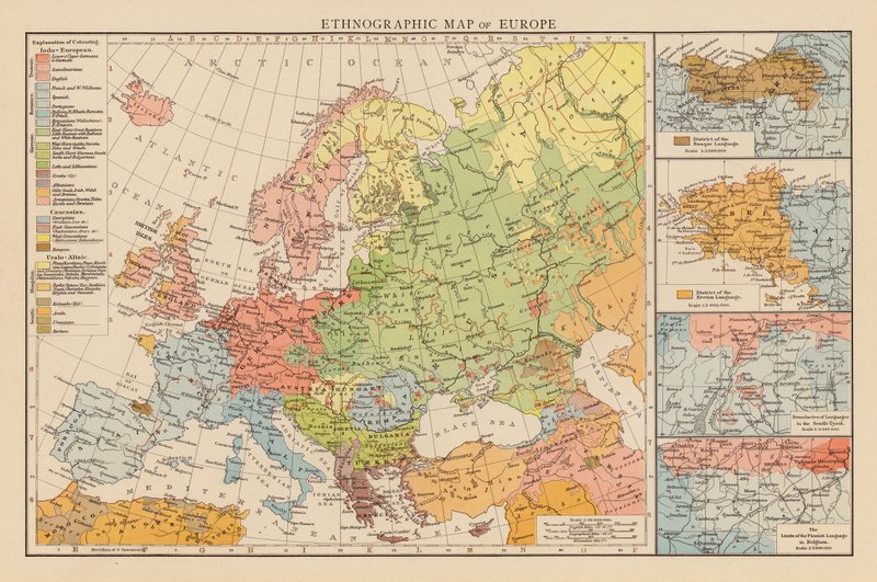 Etnograficzna mapa Europy (kolorowa litografia) autorstwa English School