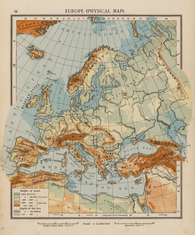 Europa, mapa fizyczna (kolorowa litografia) autorstwa English School