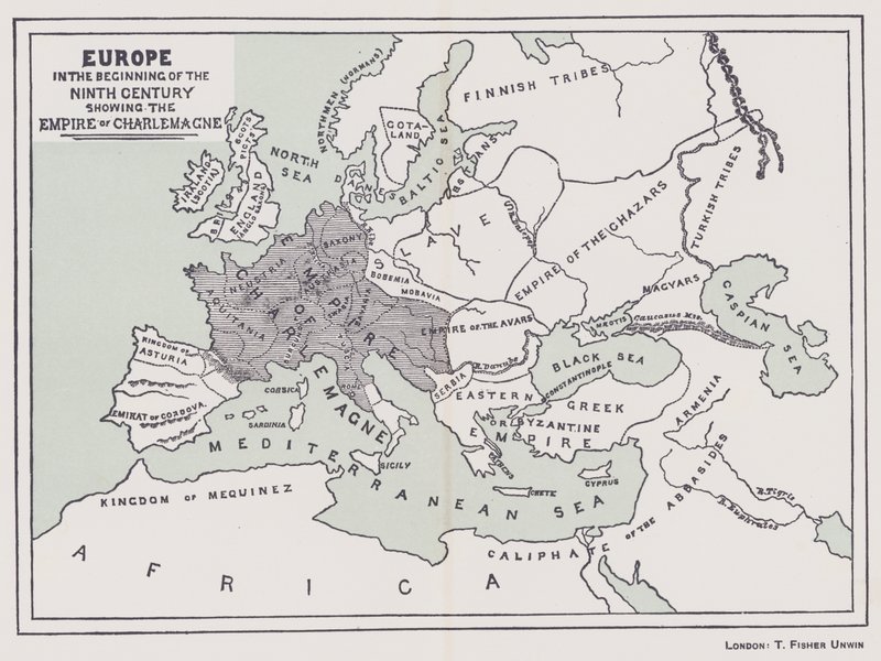 Europa na początku IX wieku przedstawiająca imperium Karola Wielkiego (kolorowa litografia) autorstwa English School