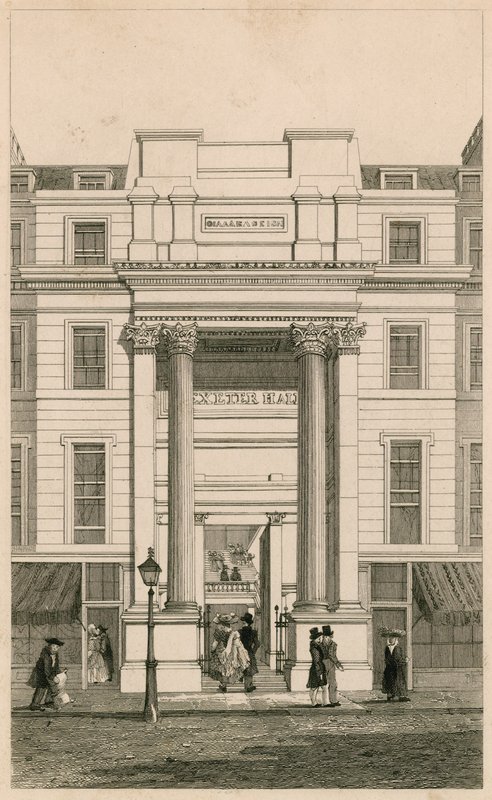 Exeter Hall, Strand, Londyn; z Gentlemans Magazine; dowód autorstwa English School