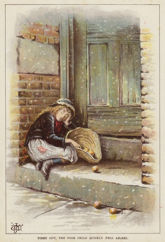 Wyczerpane dziecko śpiące na progu w śniegu (chromolitho) autorstwa English School