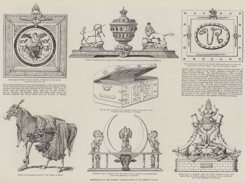 Wystawa Prezentów Jubileuszowych Królowej w Pałacu Św. Jakuba (grafika) autorstwa English School