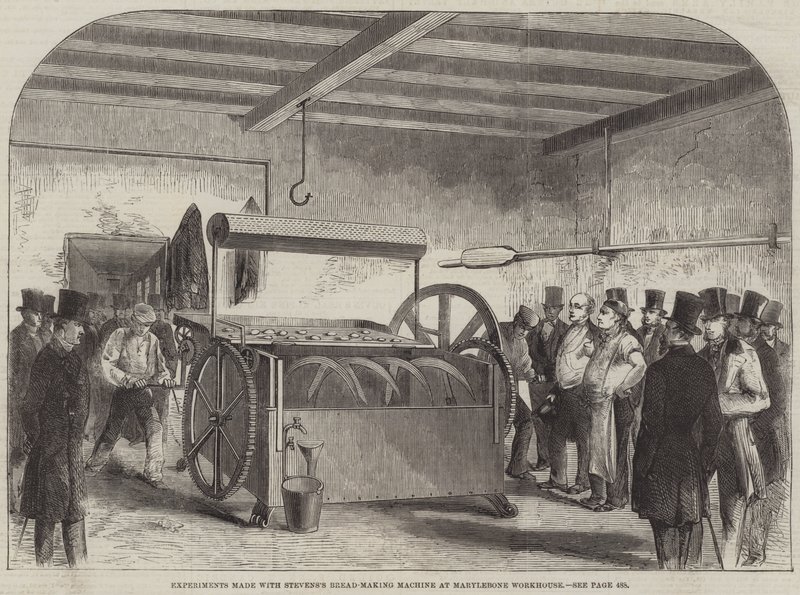 Eksperymenty wykonane na maszynie do wypieku chleba Stevensa w Marylebone Workhouse (grawerowanie) autorstwa English School