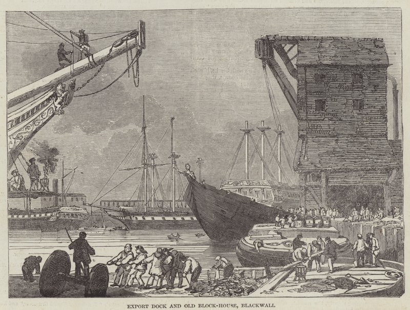 Export Dock i Old Block-House, Blackwall (grawerowanie) autorstwa English School