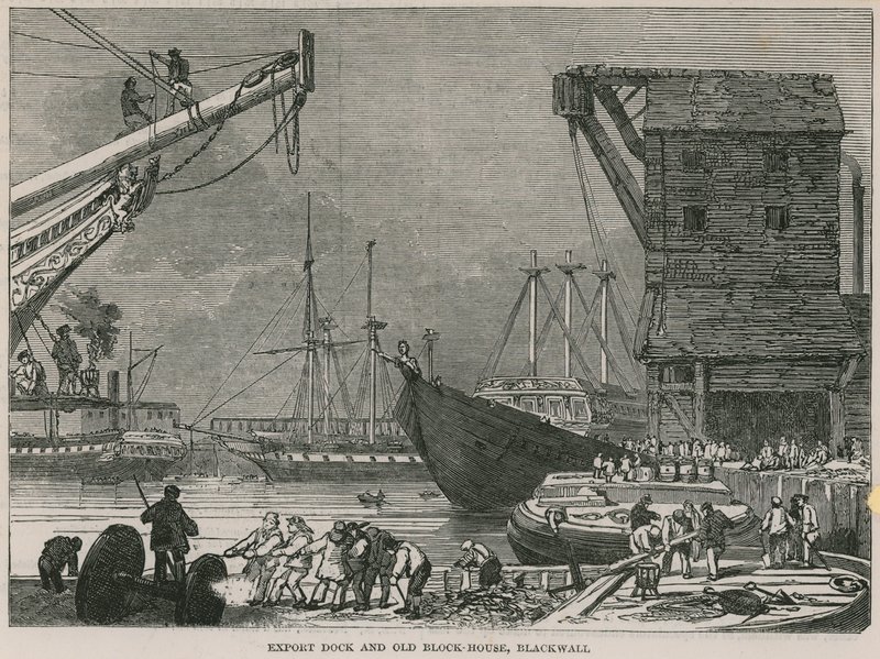 Dok eksportowy i stary Block House, Blackwall autorstwa English School