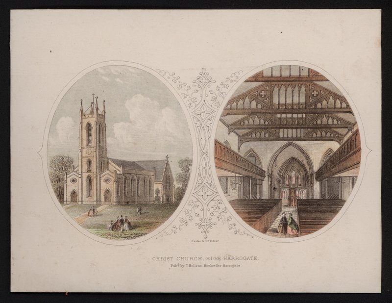 Widoki zewnętrzne i wewnętrzne Christ Church, Harrogate, Yorkshire (kolorowe grawerowanie) autorstwa English School