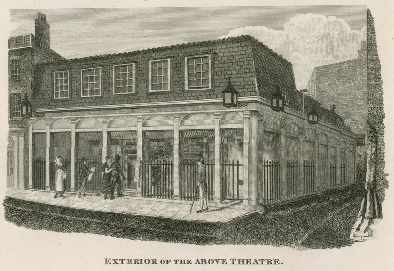 Zewnętrzna część Królewskiego Teatru Olimpijskiego, Wych Street, w pobliżu Drury Lane, Londyn autorstwa English School