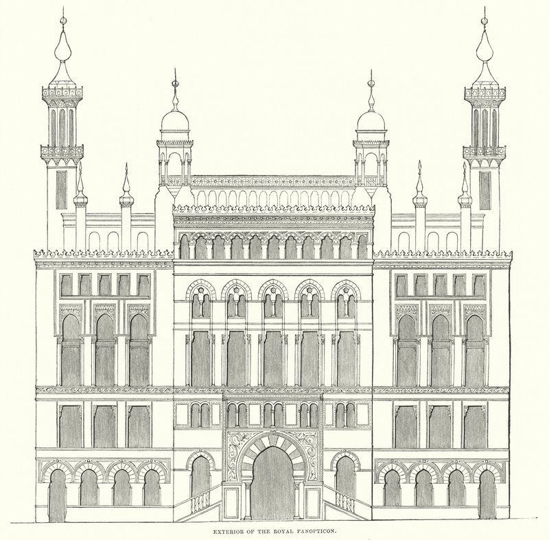 Na zewnątrz Royal Panopticon (grafika) autorstwa English School