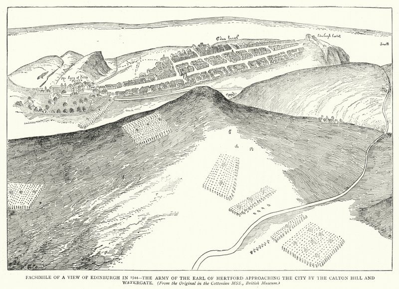 Faksymile widoku Edynburga w 1544 roku, armia hrabiego Hertford zbliżająca się do miasta przez Calton Hill i Watergate (rycina) autorstwa English School