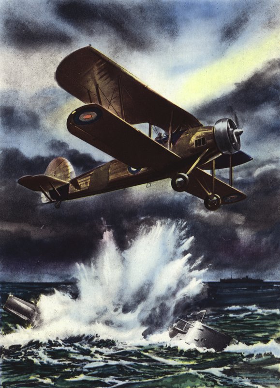 Fairey Swordfish zatopienie U-boota na Morzu Północnym autorstwa English School