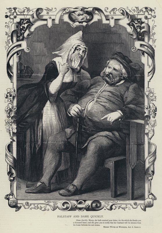 Falstaff i Dame Quickly, Wesołe kumoszki z Windsoru, akt II, scena 2 (rycina) autorstwa English School