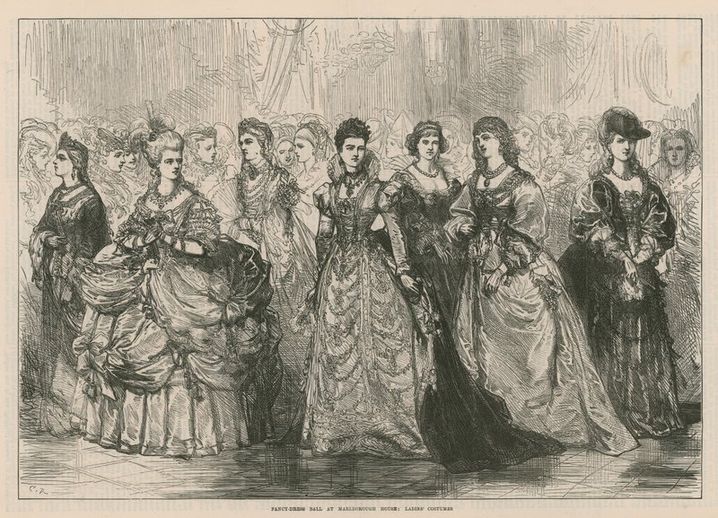 Bal przebierańców w Marlborough House - Stroje damskie autorstwa English School