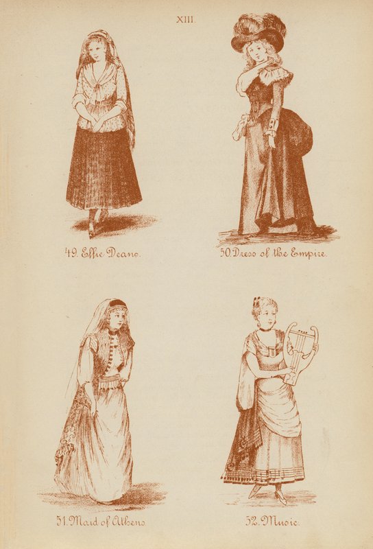 Fantazyjne stroje: Effie Deane, Dress of the Empire, Maid of Athens, Music (litho) autorstwa English School