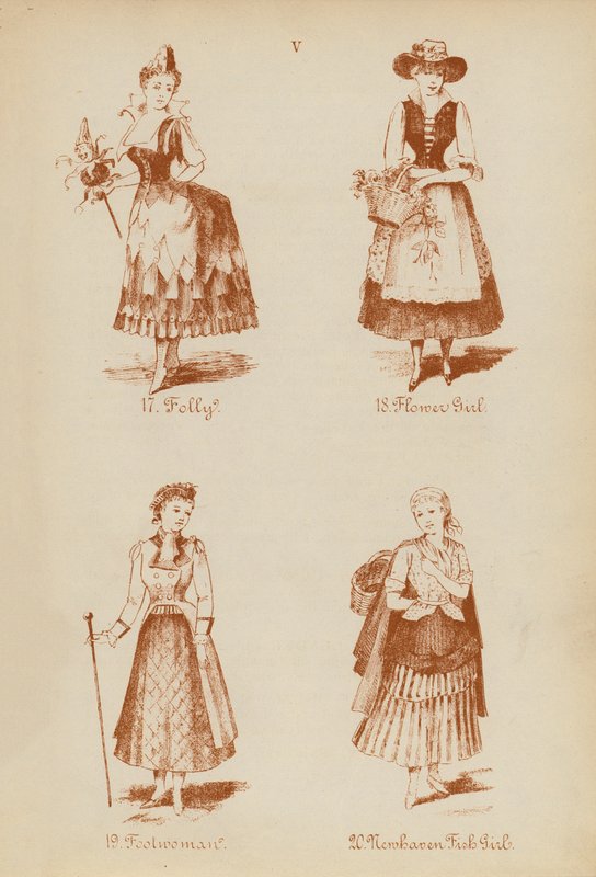 Fantazyjne stroje: Folly, Flower Girl, Foolwoman, Newhaven Fish Girl (litografia) autorstwa English School
