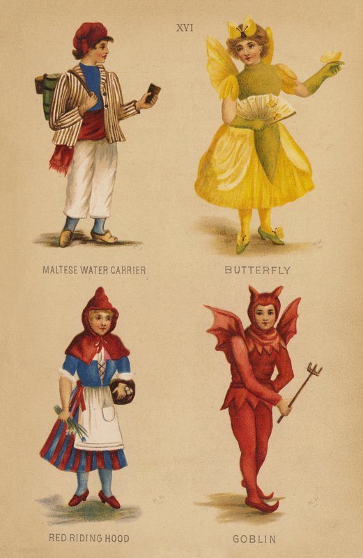Przebrania: Maltański Nosiciel Wody, Motyl, Czerwony Kapturek, Goblin (kolorowa litografia) autorstwa English School
