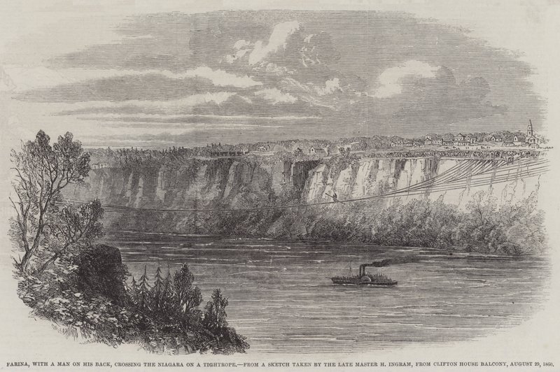 Farina, z mężczyzną na plecach, przekraczania Niagara na linie, z balkonu Clifton House, 29 sierpnia 1860 (rycina) autorstwa English School
