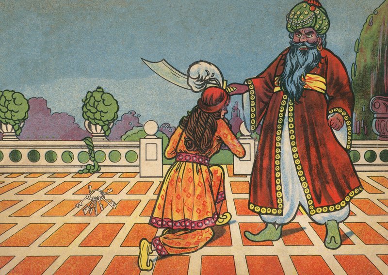 Fatima klęcząca przed Błękitnobrodym (kolorowa litografia) autorstwa English School