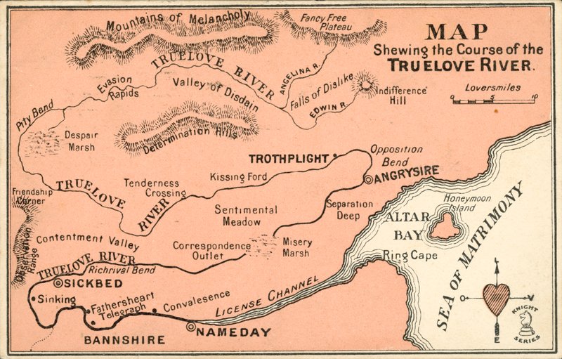 Fikcyjna mapa przedstawiająca przebieg rzeki TrueLove (kolor lito) autorstwa English School