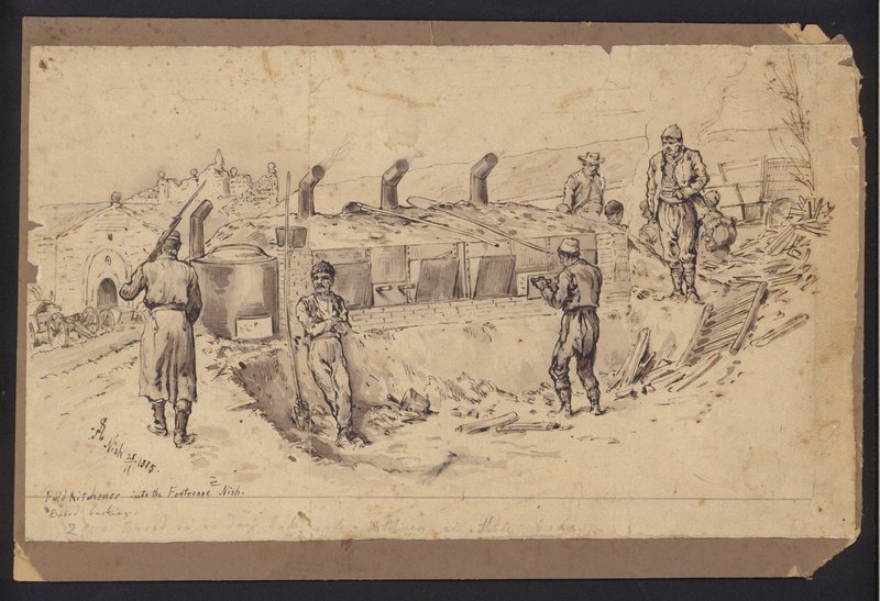 Kuchnia polowa w twierdzy Nisz, Serbia, wojna serbsko-bułgarska, 28 listopada 1885 (rysunek) autorstwa English School