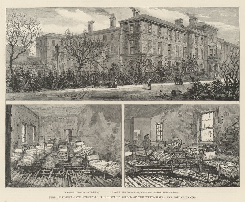 Pożar w Forest Gate, Stratford, Okręgowej Szkole Związku Whitechapel i Topoli (rycina) autorstwa English School