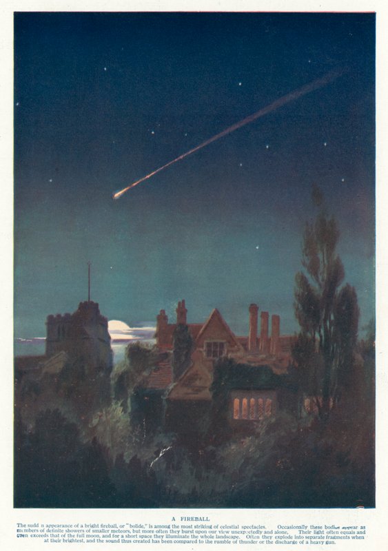 Kula ognia spowodowana przez duży meteor wchodzący w ziemską atmosferę (litografia kolorowa) autorstwa English School