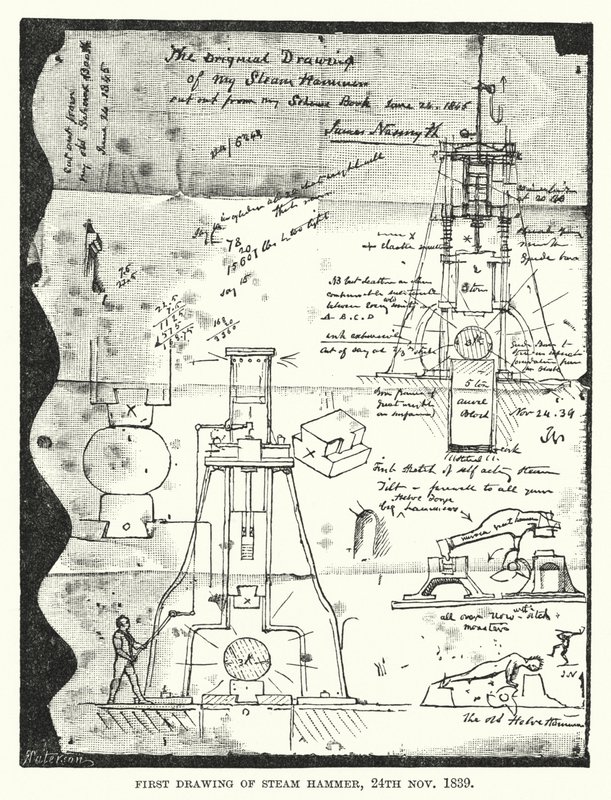 Pierwszy rysunek młota parowego, 24 listopada 1839 (grafika) autorstwa English School
