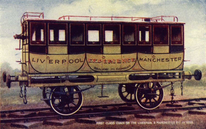 Autokar pierwszej klasy na Liverpool i Manchester Railway w 1838 roku (kolor lito) autorstwa English School